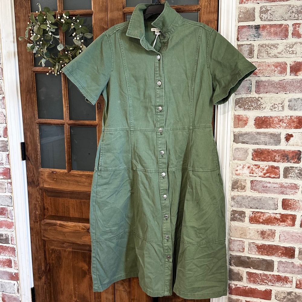 Free Assembly Shirt Dress Women Green Short Sleeve Utility Gorpcore Midi XL